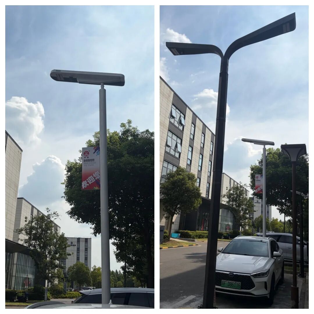 YUDIO outdoor street lighting poles with single-arm and twin-arm fixture designs